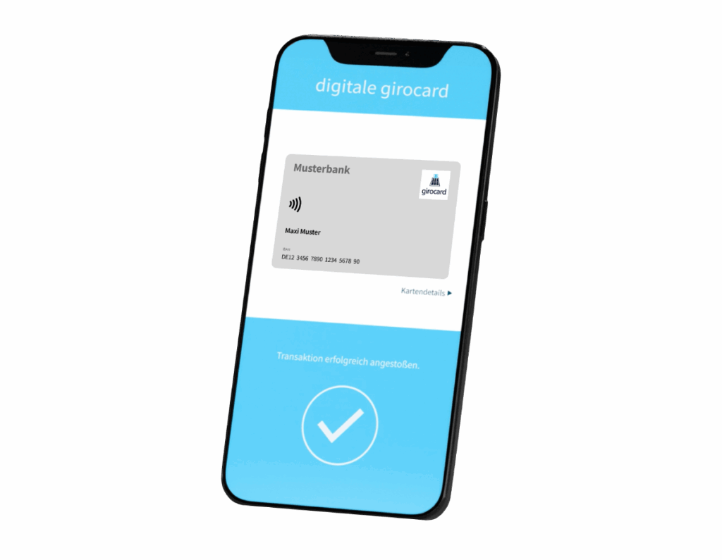 Smartphone zeigt digitale Girocard der Musterbank mit erfolgreich angestoßener Transaktion und Kartendetails.