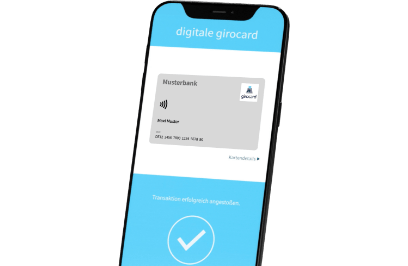 Bild eines Smartphones mit der Anzeige einer digitalen Girocard der Musterbank, die erfolgreich für eine Transaktion verwendet wurde. Die App zeigt das Girocard-Logo und eine Bestätigung der Transaktion.