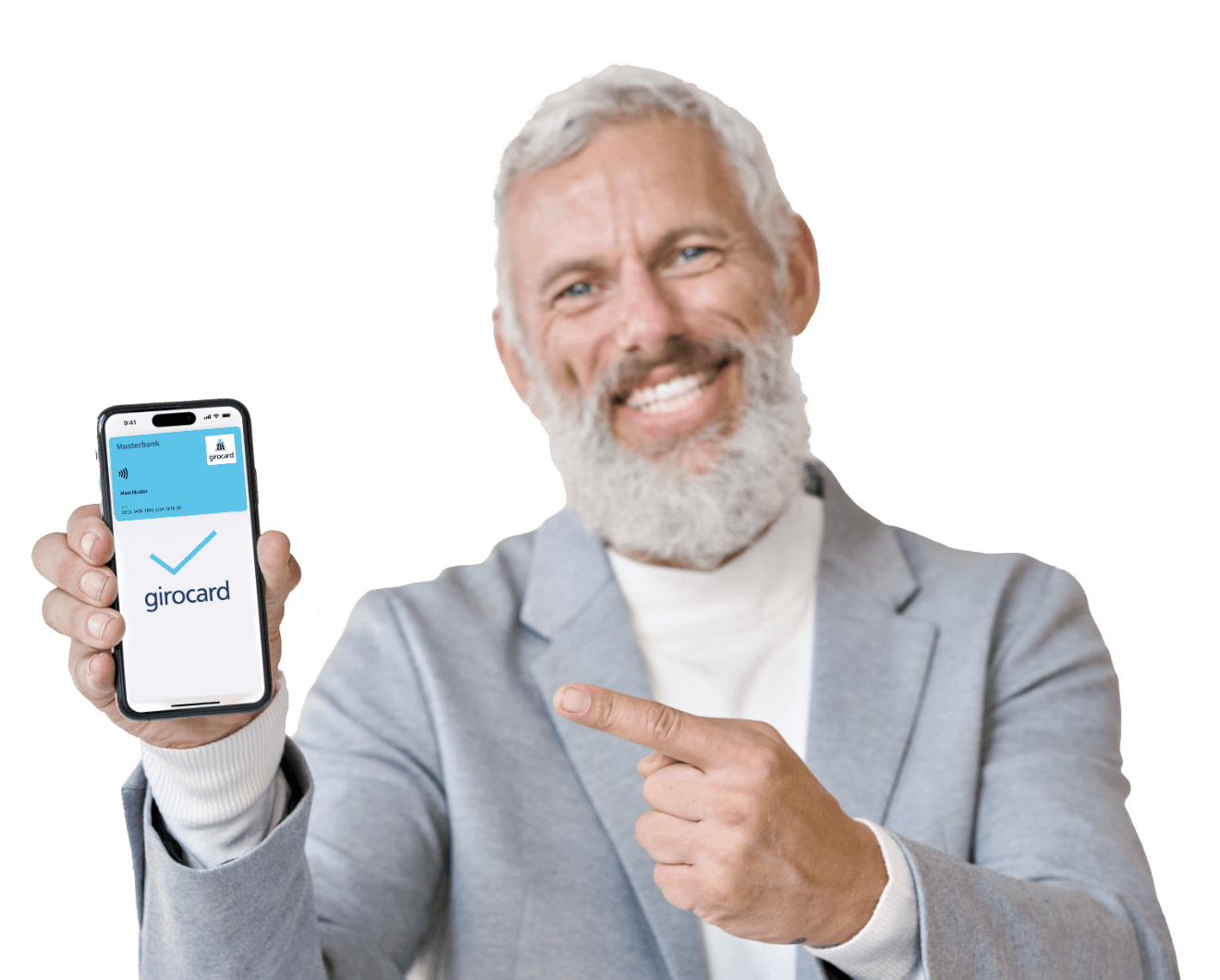 Älterer Mann mit grauem Bart, der lächelnd auf sein Smartphone zeigt, auf dem die girocard-App der Musterbank angezeigt wird.